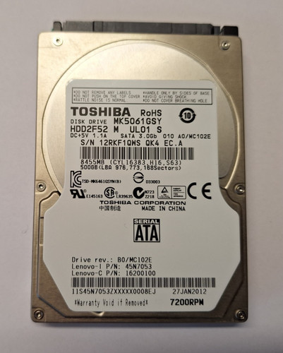 Toshiba Festplatte HDD 500GB, 2,5", SATA III, funktionsfähig