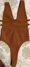 Brown Ribbed One Piece Bodysuit XS Deep V-Neck High-Cut Strap Accents Women