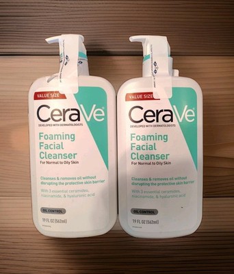CERAVE FOAMING FACIAL CLEANSER FOR NORMAL TO OILY SKIN 19 OZ Bottles LOT OF 2