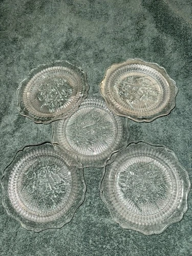 5 Jeanette Iris and Herringbone Clear depression glass dessert plates round 6 in