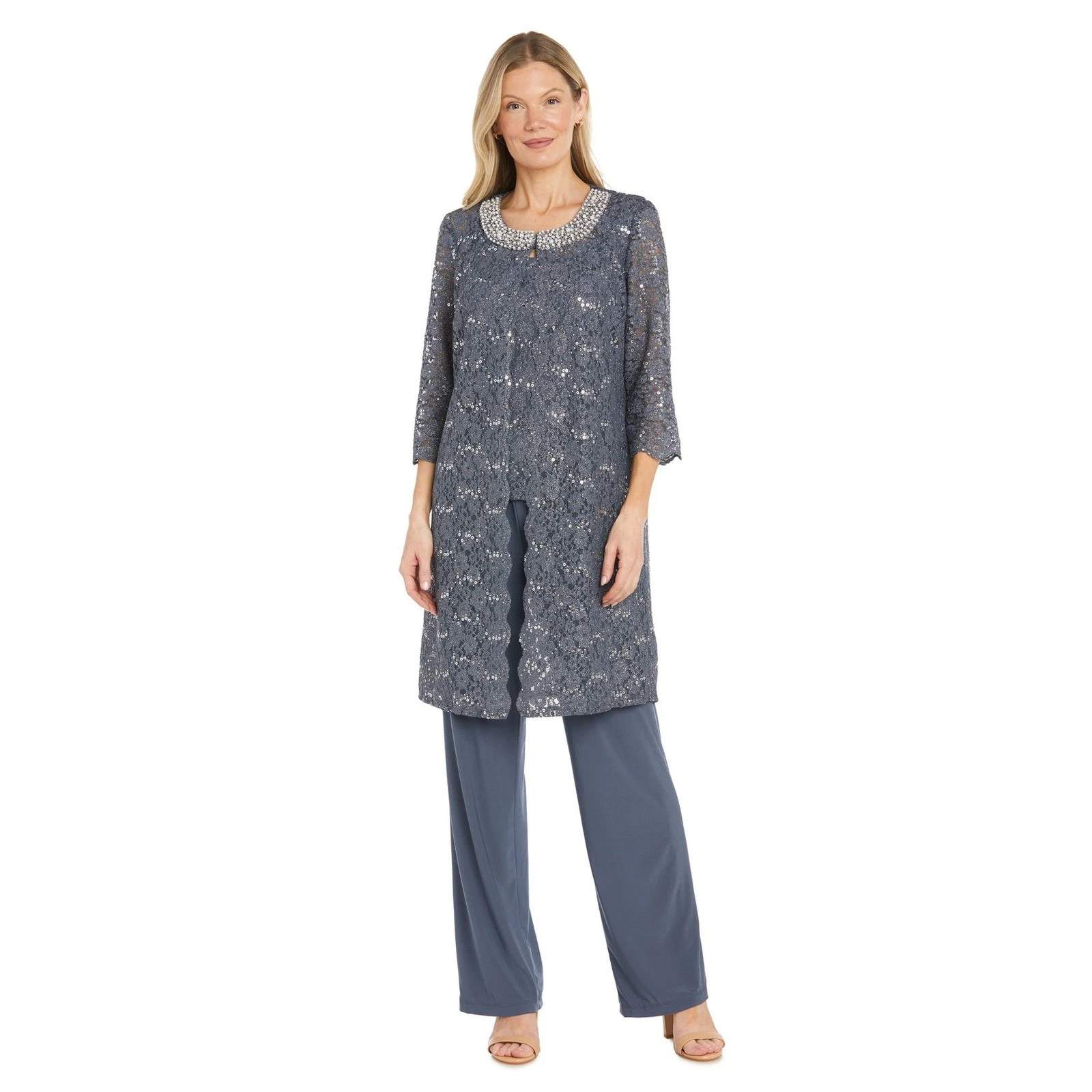 NWT R&M Richards Coal Gray 3 Piece Sequin Lace Pant Set Womens 18W Formal MOTB