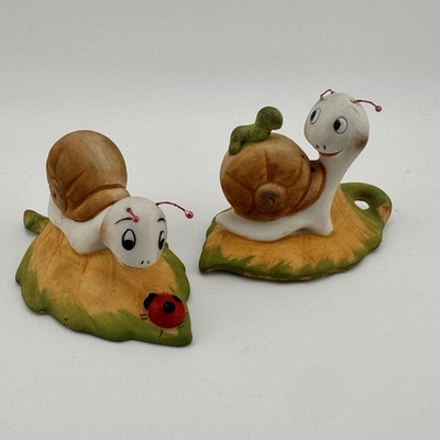 Vintage Early 80 s Homco Snails on Leaves w/ Lady Bug Worm 8902 Set of 2