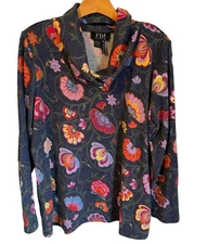 French Dressing Jeans Shirt Size XL Blue Multi Floral Women Sweater