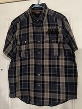 Harley Davidson LOGO Short Sleeve Metal Button Down Plaid Shirt Large NICE