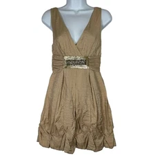 BCBGMAXAZRIA Mini Dress Size 2 Knotted Bubble Hem Pleated Metallic Gold Beige