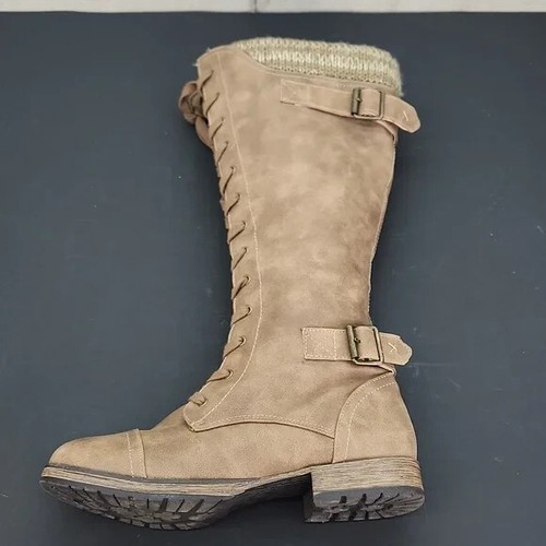 JustFab Athena Tall Riding Boots Women's Size 8.5 Lace Up Suede Brown Buckles - Picture 8 of 15