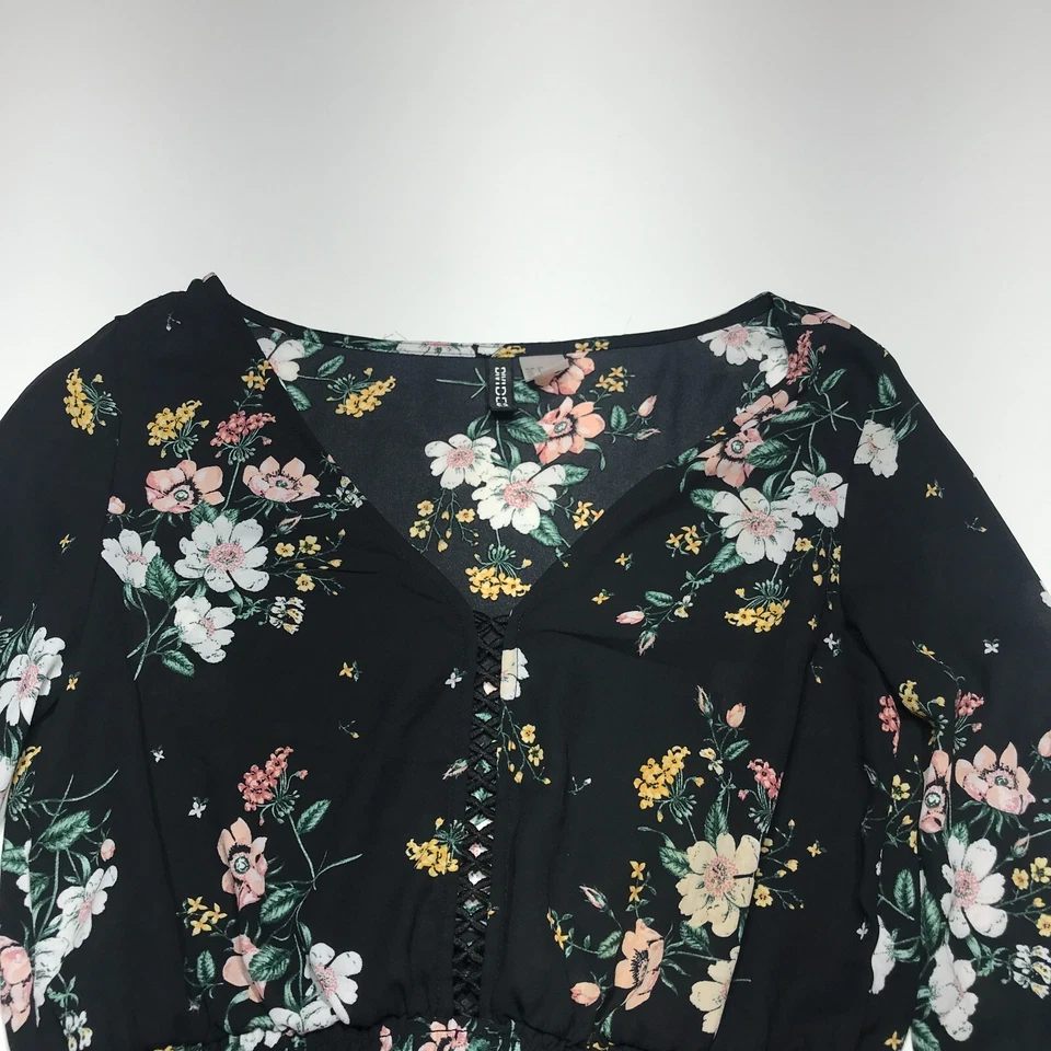 Топ женский Divided by H&M размер 2 черный цветочный с длинным рукавом легкий летний - Изображение 3 из 4