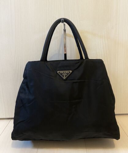 Authentic PRADA Handbag Nylon Leather Triangle Logo Plate Tote Bag Black Unisex - Picture 1 of 14