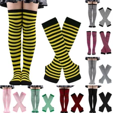 Women Striped Over Knee Thigh High Long Socks Arm Warmer Fingerless Gloves Set