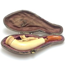 Antique/ Estate Meerschaum Carved Wolf Dog Pipe w Amber Stem and Original Case