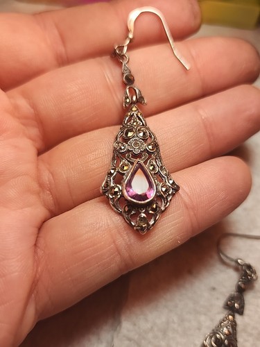Amethyst Sterling Silver Filigree Victorian Earrings Antique Artisan Faceted - Picture 4 of 15
