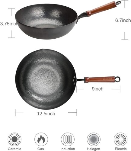 Kohlenstoffstahl Wok Rührpfanne Flachboden Eisen mit Deckel für Elektroherd - Bild 3 von 6