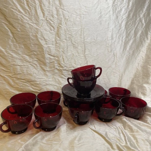 Vintage Anchor Hocking Royal Ruby Red Glass Tea Cups (12) & Saucers (3)