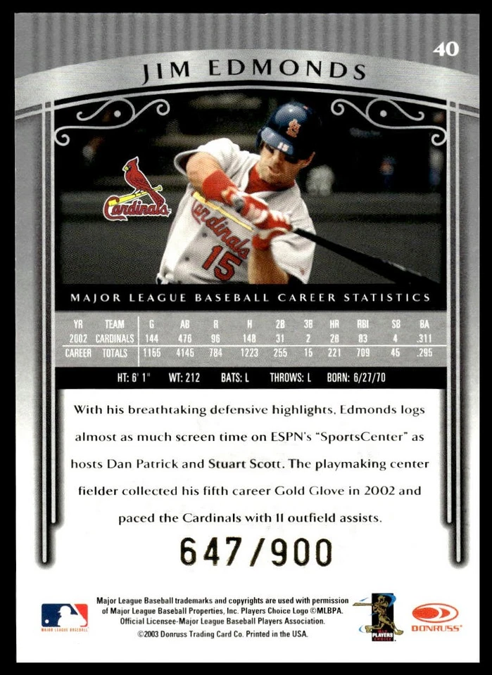 2003 Donruss Timeless Treasures #40 Jim Edmonds #/900 - Image 2 of 2
