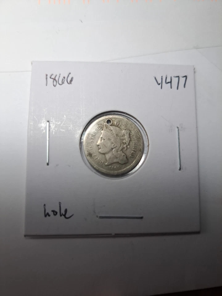 1866 3 CENT NICKEL **CIRCULATED - HOLED** FREE SHIPPING!! - Image 2 of 4