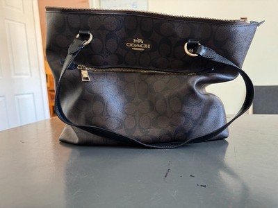 Authentic Coach Gallery Tote F79669 Large Signature Canvas Brown Black Zip Top