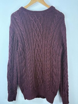 Damen Vintage Burgund WoolOvers Zopfmuster Fischer 100% Wolle Pullover Größe L
