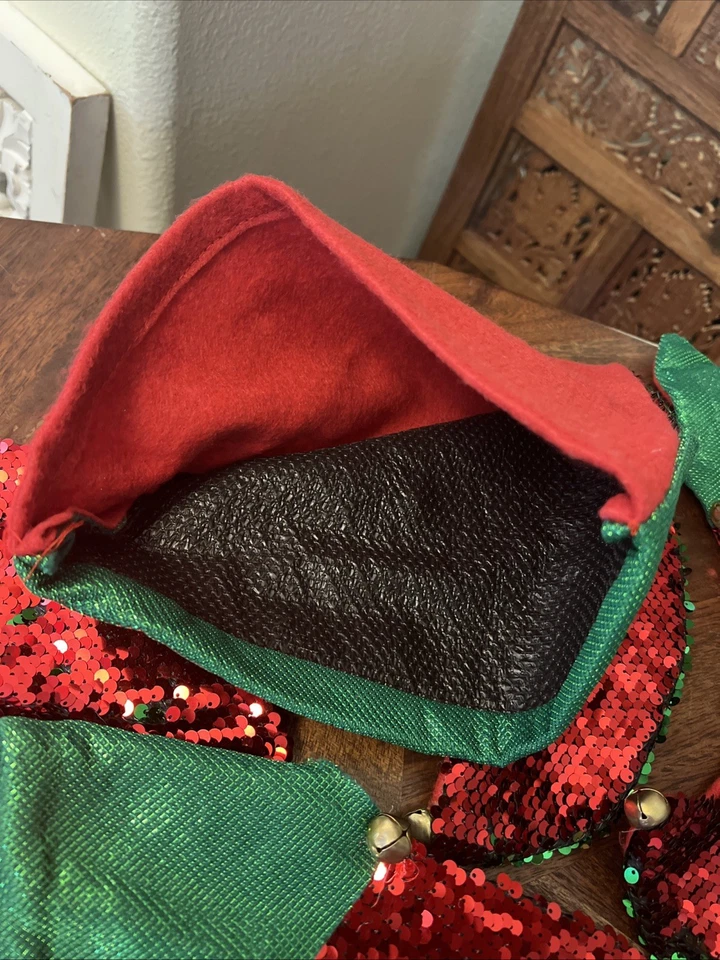 Sombrero de Elfo Vintage CUATRO Lentejuelas Fieltro Lentejuelas Tintineo Campanas Navidad Adulto Papá Noel Foto 4 de 4
