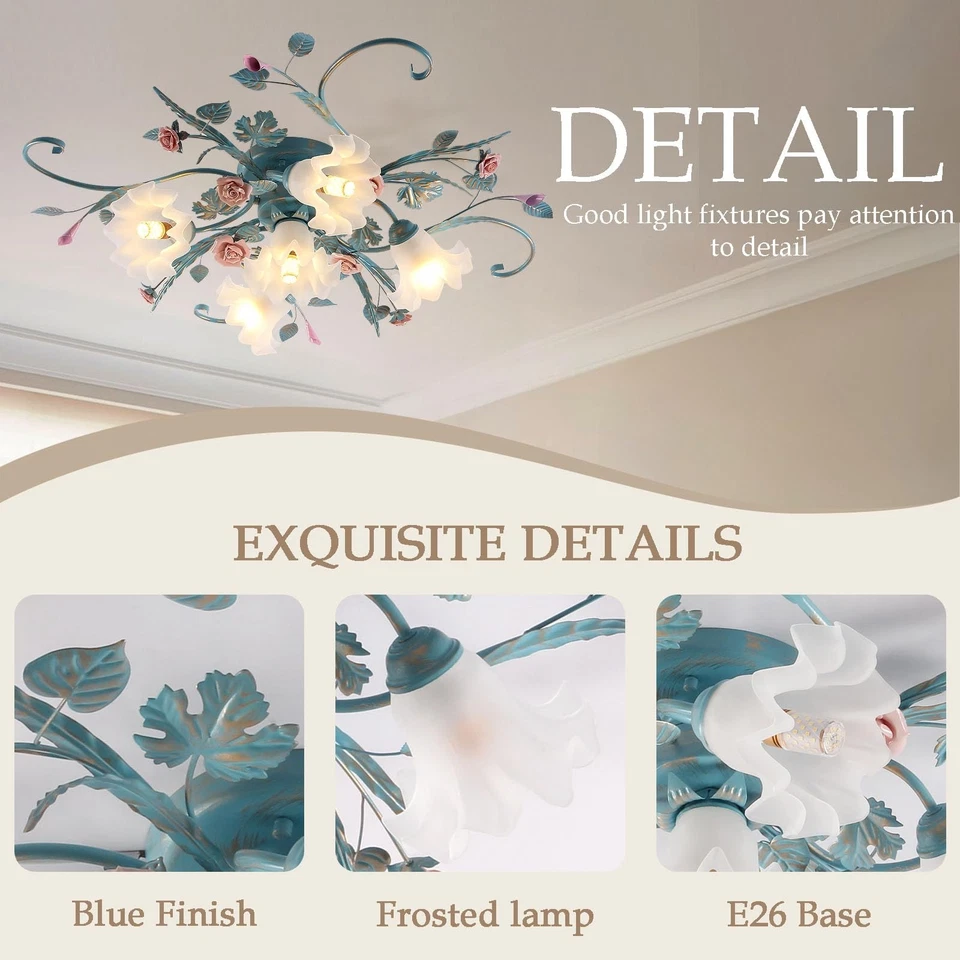 Candelabro de flores luminária de teto, 5 luzes rosa cerâmica rosa abajur de teto com G... - Imagem 4 de 4