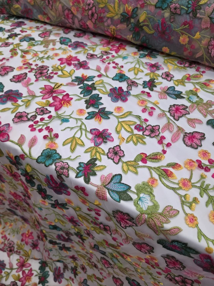 Fabric By The Yard Multicolor Lace Pink Fuchsia Embroidery Flowers On White Mesh - Image 2 of 4