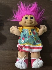 Vintage Russ Berrie Troll Doll Pink Hair Floral Dress Shoes Stuffed Plush