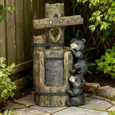 3-Tier Outdoor Bear Fountain w/ LED Lights & Pump, Resin Waterfall Decor
