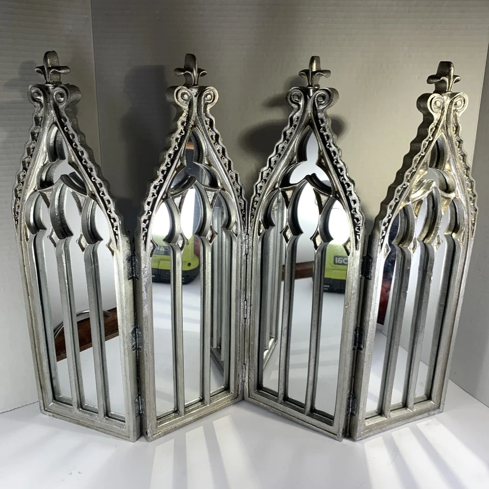 Silver Gothic Cathedral Style Folding Display Mirror Christmas 4 Sections 17” Ht - Image 2 of 4