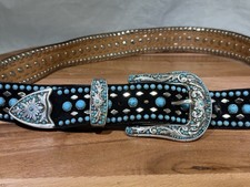 Nocona Belt Black Leather Turquoise Studded Western Style Size M