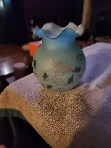 Vtg Fenton Blue Satin Glass Rose Bowl Vase Signed Ruffled Hand Painted 4"