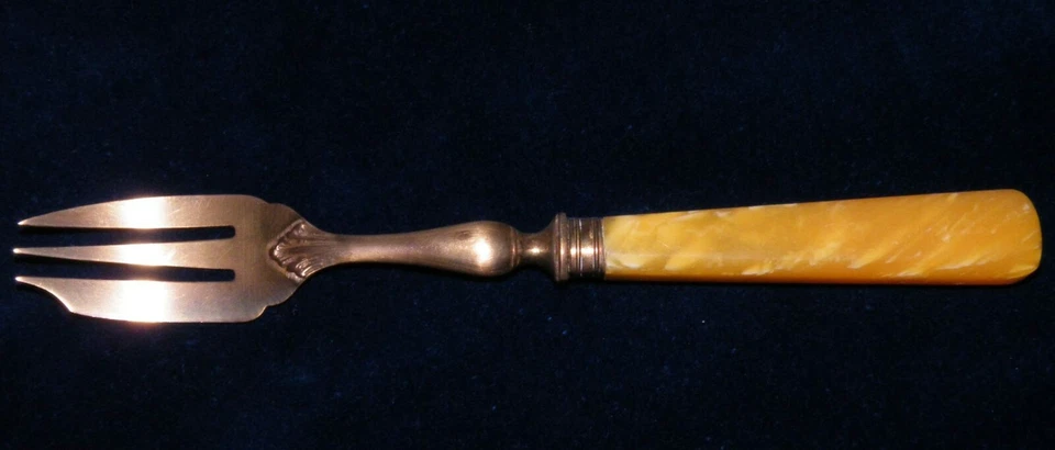 12 Fourchettes à dessert anciennes Art déco métal doré manche bakélite, écrin - Photo 2/4