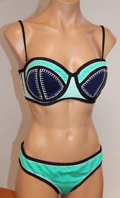 NWT  Bar III Swimsuit Bikini 2pc Set Size L Midnight Jade Multi Bandeau Strap