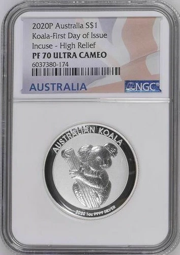 2020P Australia $1 1oz Silver Koala High Relief Incused Proof Coin NGC PF70 FDOI