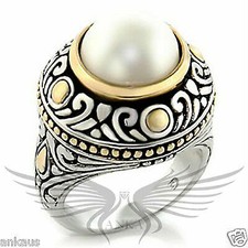 Beautiful Synthetic Pearl Accented Two Tone Gp Solitaire Ring 7X137