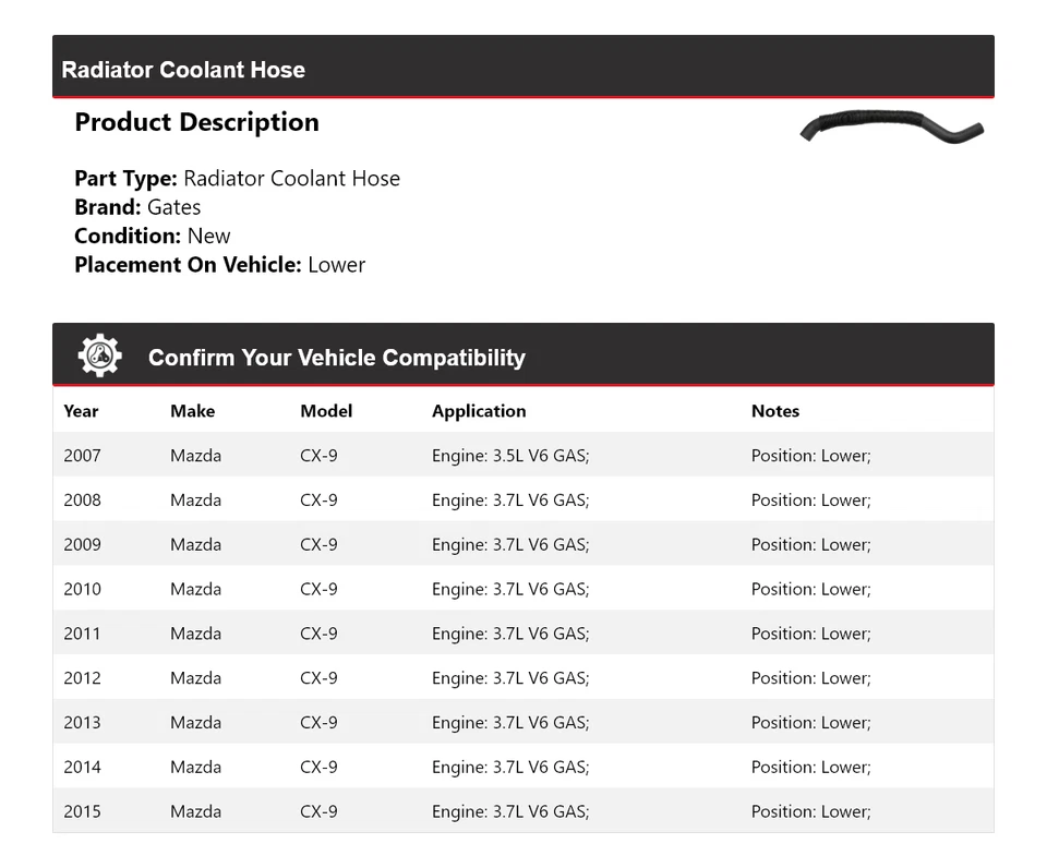 Manguera de refrigerante de radiador puertas inferiores para Mazda CX-9 2007-2015 2008 2009 2010 2011 Foto 2 de 3