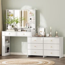 Large Makeup Vanity Desk with Mirror and Lights, Vanity Desk with 8 Drawers &...