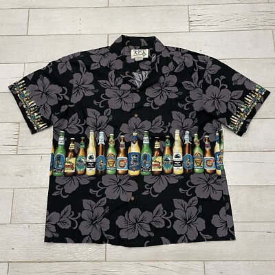 Ky's Shirt Mens L Black Hawaiian Aloha Camp Floral Beer Kona Tiki Molokai Lager