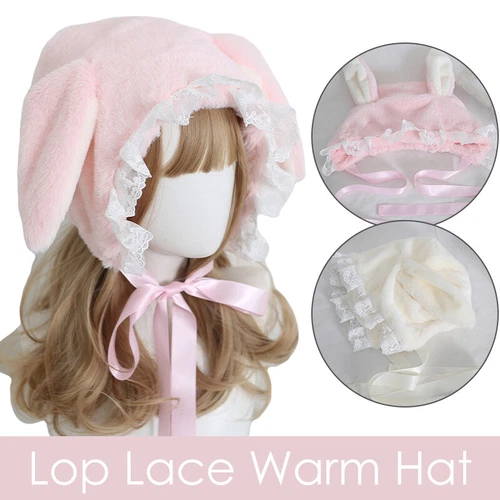Gorra de conejo japonesa dulce orejas caídas encaje lolita orejeras gorra comodín sombreros esponjosos - Imagen 7 de 14