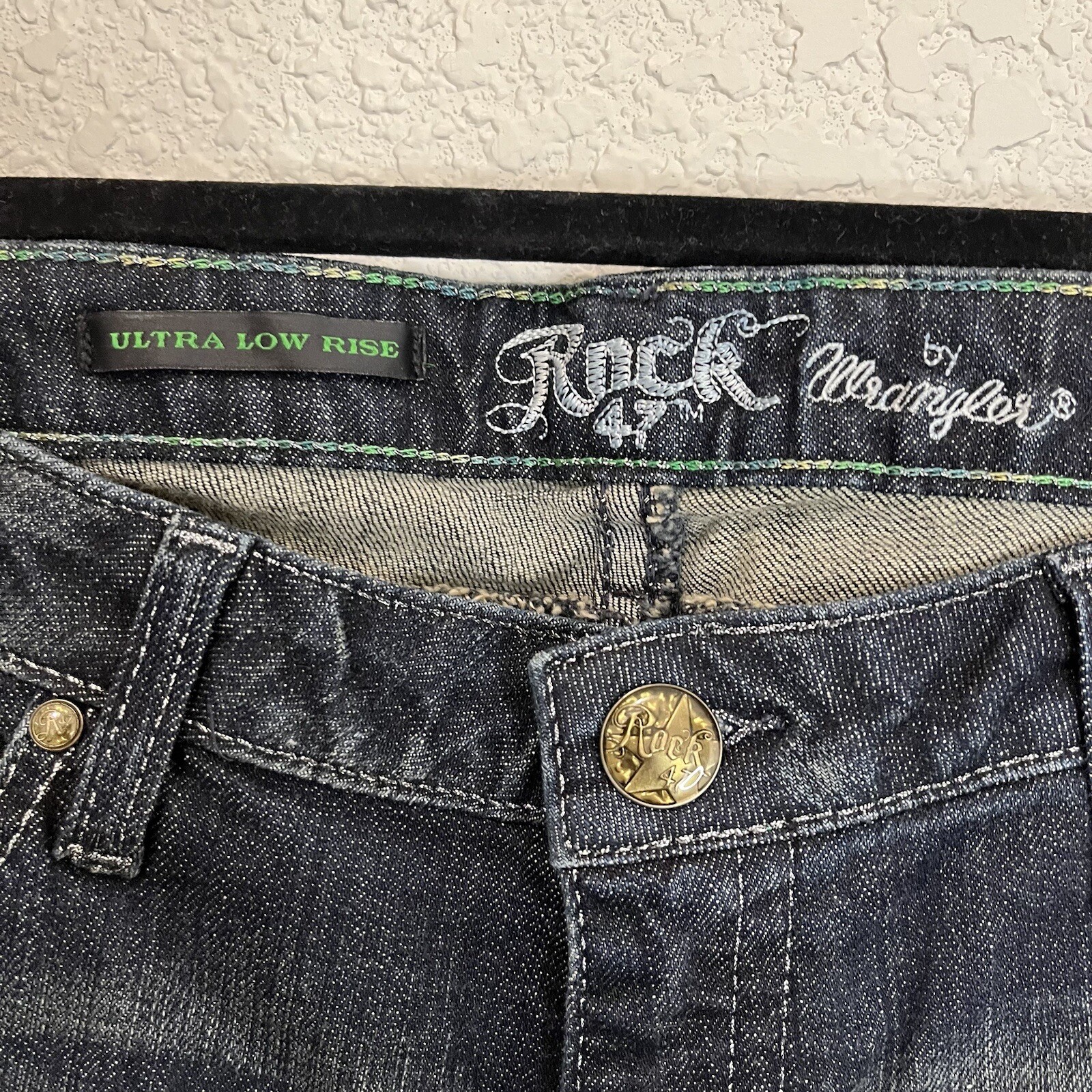 Rock 47 By Wrangler Jeans Womens Boot Cut Stretch Ultra Low Rise Blue Size 7X34 thumbnail 5