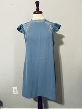 SHEIN Women Blue Relaxed Fit and Flare High Neck Short Sleeves Dress Size M