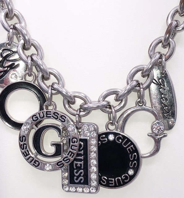 Guess Charm Necklace Logo Rhinestone Silver tone Chunky Black Enamel Jewelry eBay