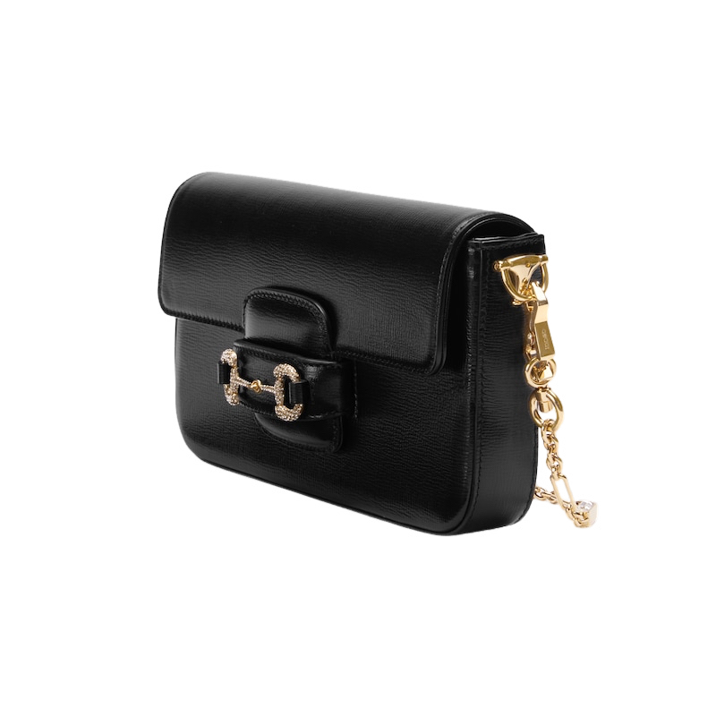GUCCI Horsebit 1955 Mini Black Leather Crystal Hardware Shoulder