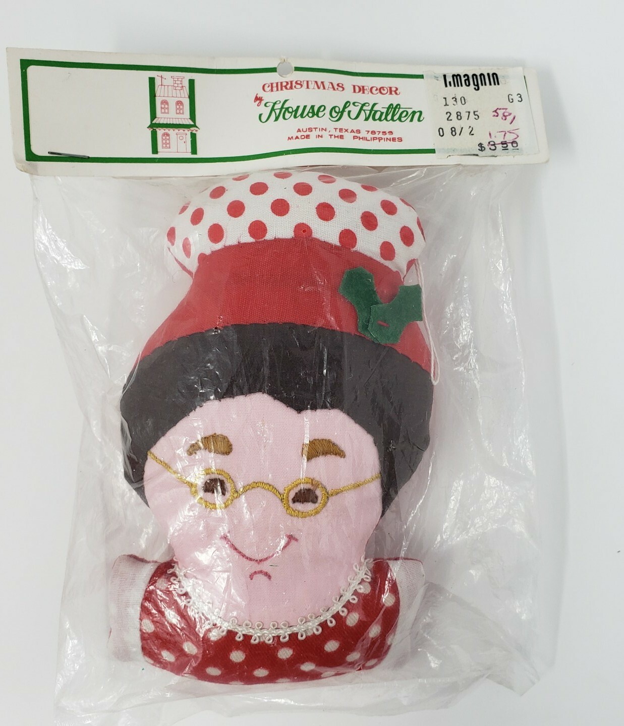 House of Hatten 1976 Mrs. Santa Claus Christmas Ornament Cloth Fabric VTG NOS