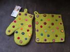 2 Felted Wool Hot Pads Kitchen Pot Holder Mitten Handmade Nepal Green Dotted 