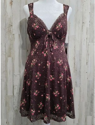 Madden NYC Brown Floral Lace Babydoll Coquette Mini Skater Dress Size Medium