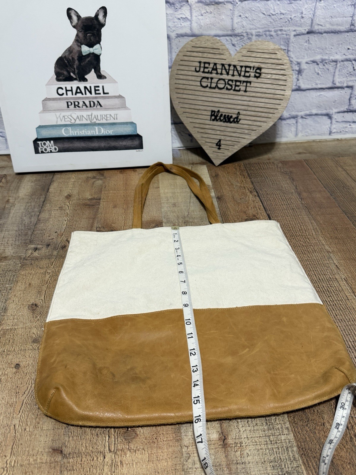 Hearth and Hand With Magnolia Denim Canvas Tan Leather Tote Shoulder HandBag image 2