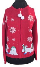 2004 TIARA INTERNATIONAL POLAR BEARS Red Ugly Christmas Sweater Cardigan Sz L