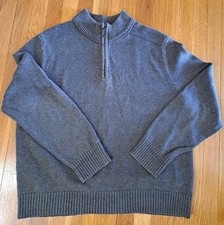 Eddie Bauer Men's XXL 1/4 Zip Mock Neck Sweater Ribbed 100 Cotton Green Gray