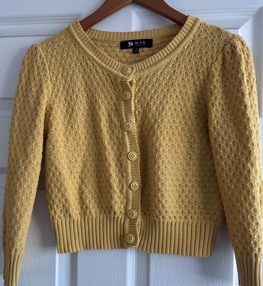YEMAK Women's YELLOW 3/4 Sleeve V-Neck Sweater Cardigan Size SMALL 100% Cotton - Image 2 of 4