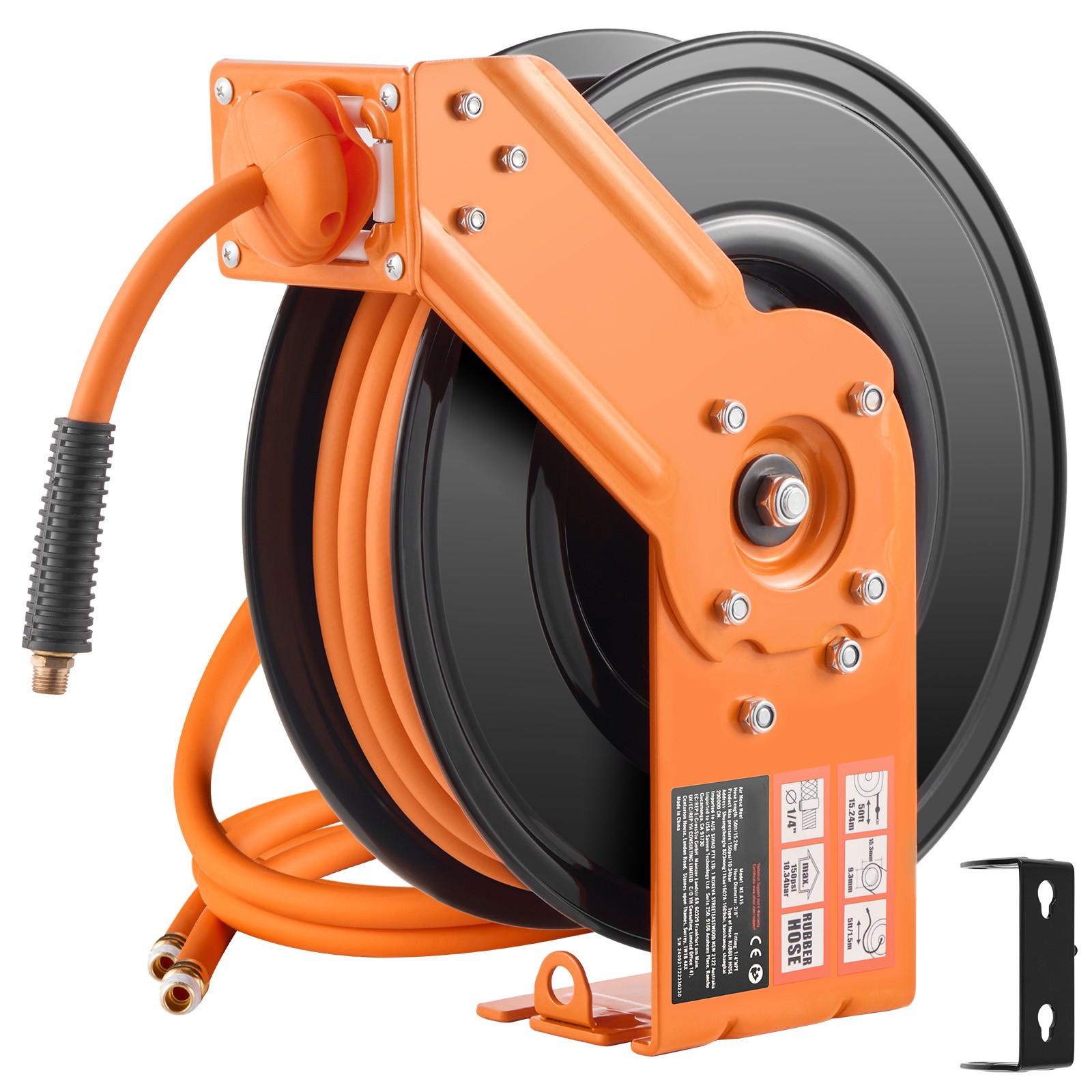 Retractable Air Hose Reel 3/8 IN x 50FT Rubber Air Hose Reel Max 300 PSI
