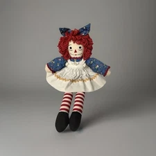 Vintage Raddedy Ann Style Cloth Doll Red Yarn floral Dress 15"